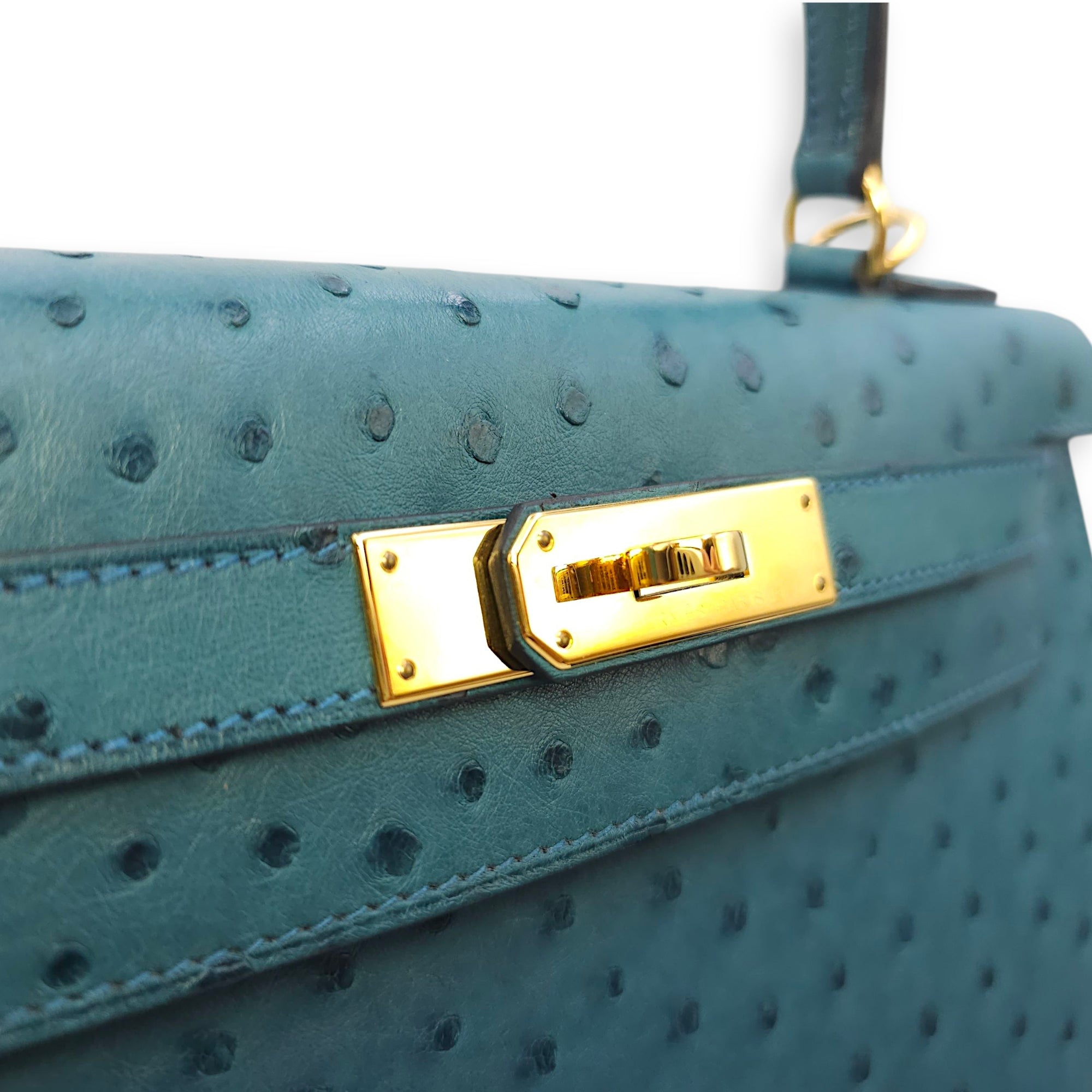 Sellier Kelly 28 Blue Cobalt in Ostrich, Gold hardware - Image 7