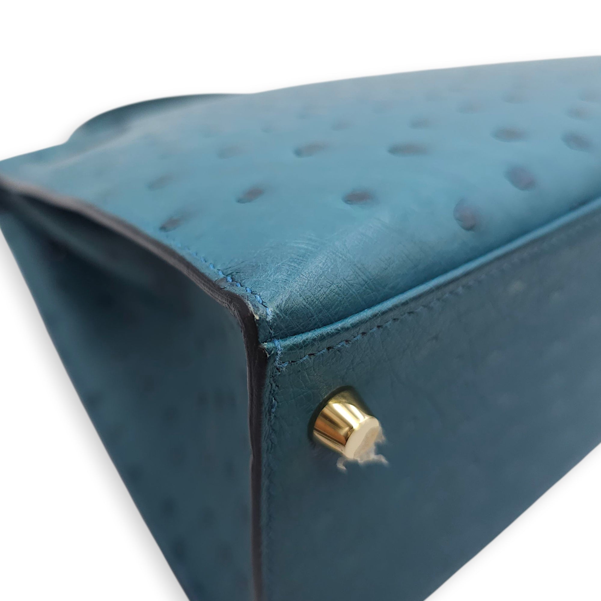 Sellier Kelly 28 Blue Cobalt in Ostrich, Gold hardware - Image 23