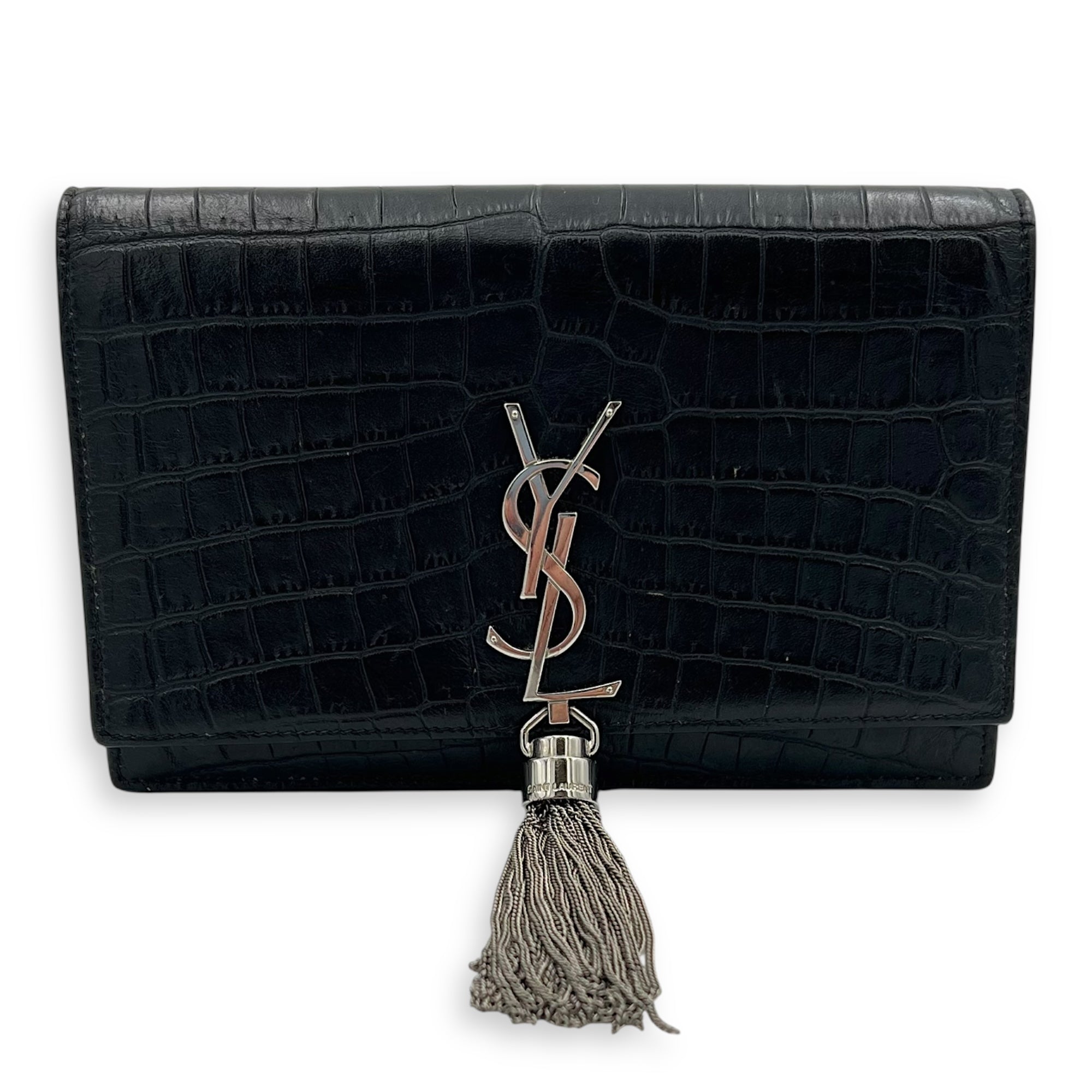 Kate Tassel Black Crossbody Bag in Calfskin, Silver hardware