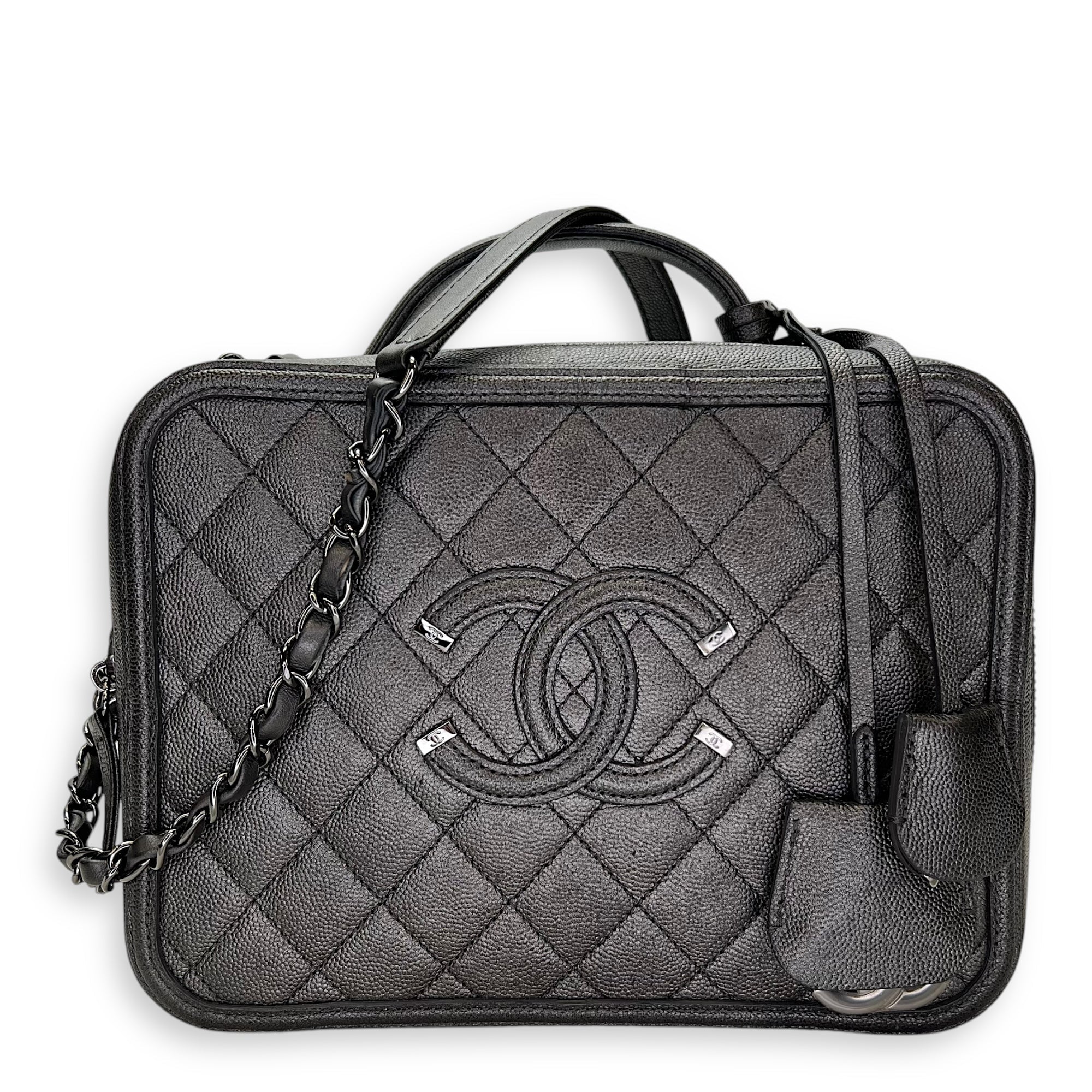 CC Filigree Large Silver Top Handle Bag in Caviar Leather, Silver hardware