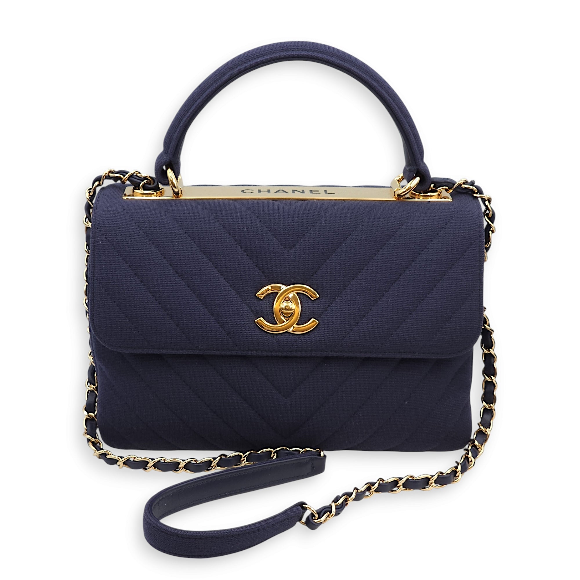 Chevron Trendy CC Small Blue Top Handle Bag in Jersey, Gold hardware - Image 9