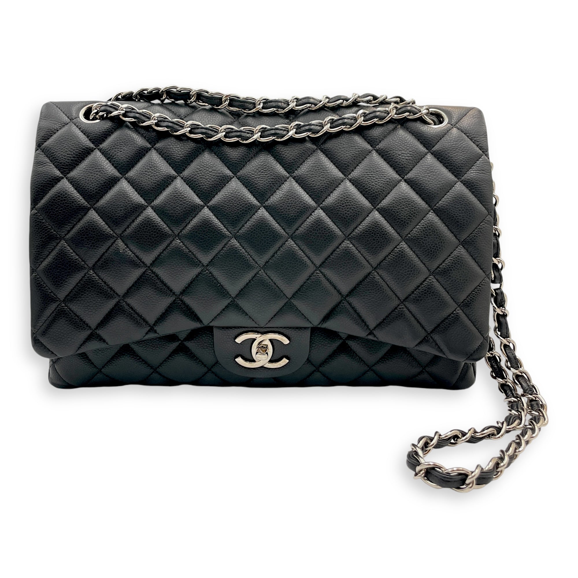 Classic Double Flap Maxi Black Shoulder Bag in Caviar Leather, Silver hardware - Image 13