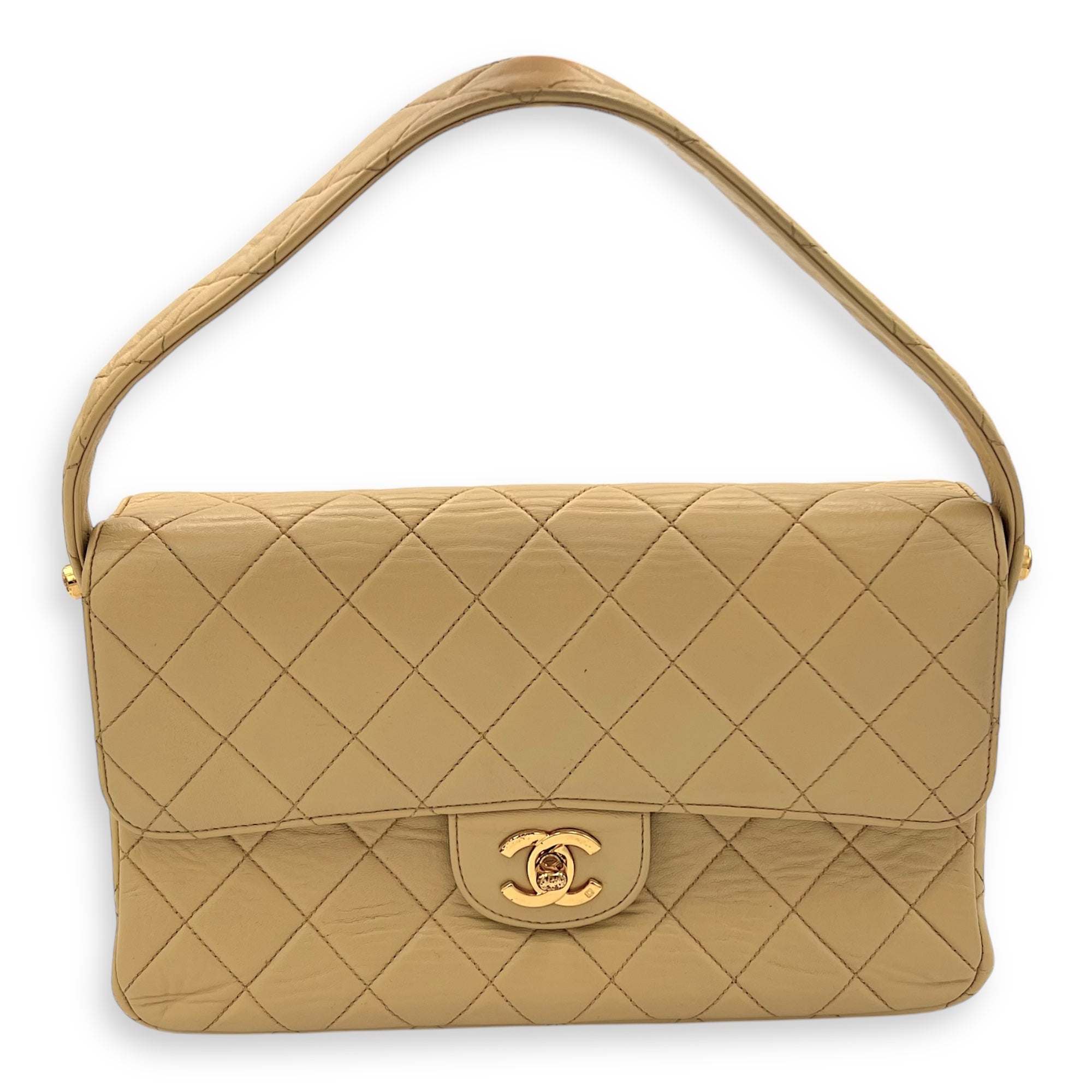 Vintage Double Face Flap Beige Shoulder Bag in Lambskin, Gold hardware - Image 3