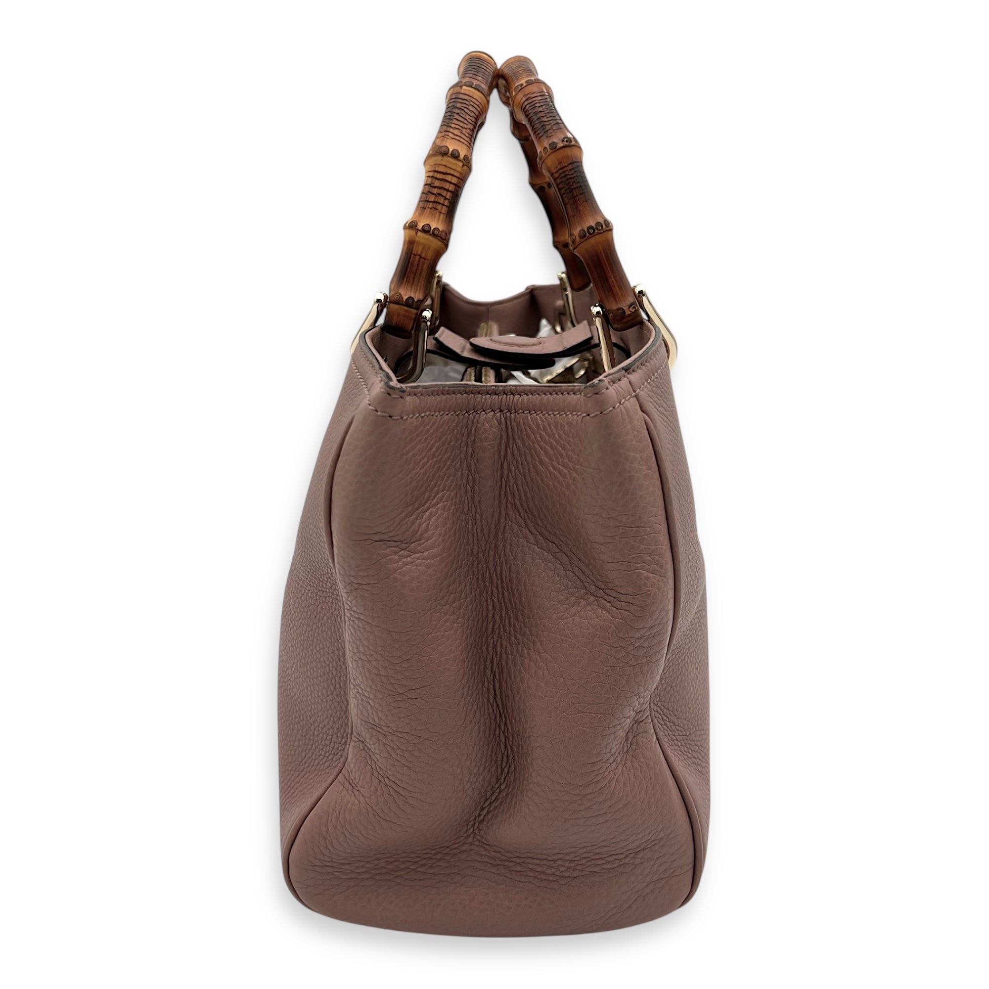 Bamboo Top Handle Bag Beige in Calfskin, Light Gold hardware - Image 4