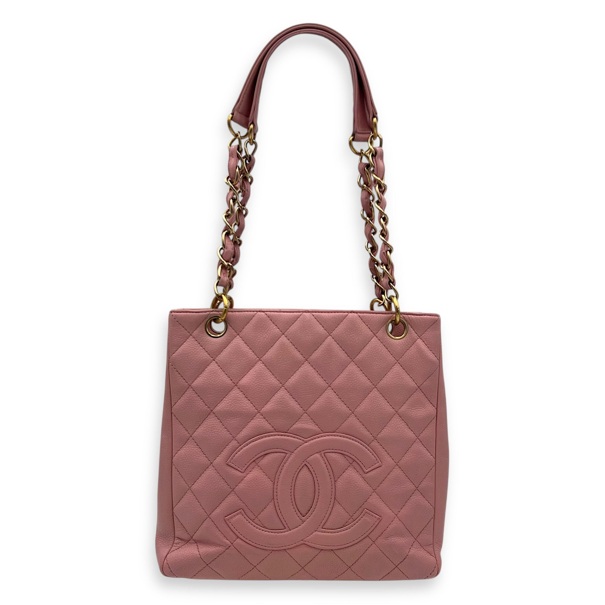 PST Petite Shopping Pink Tote Bag in Caviar Leather, Gold hardware