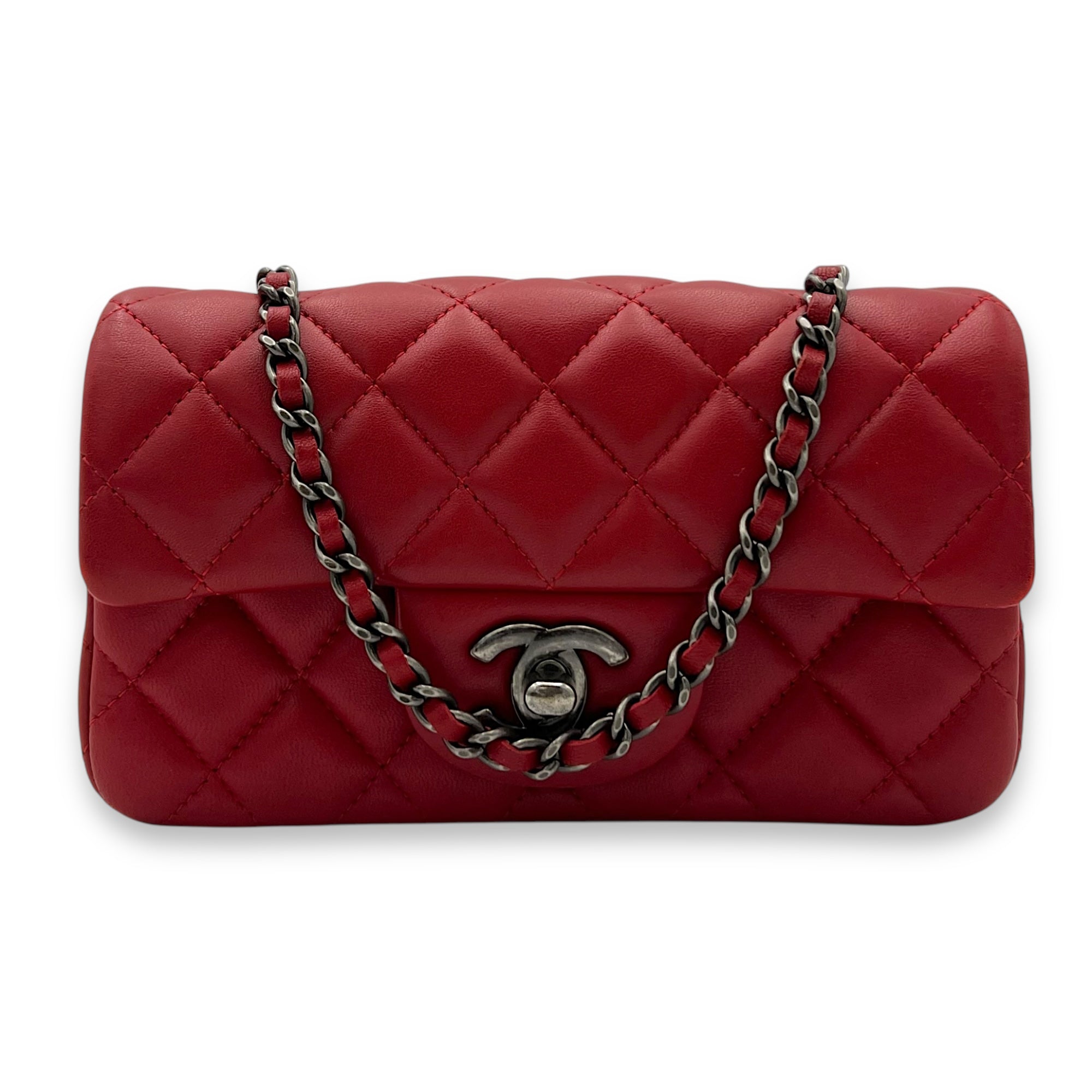 Classic Mini Rectangle Red Crossbody Bag in Lambskin, Ruthenium hardware - Image 10