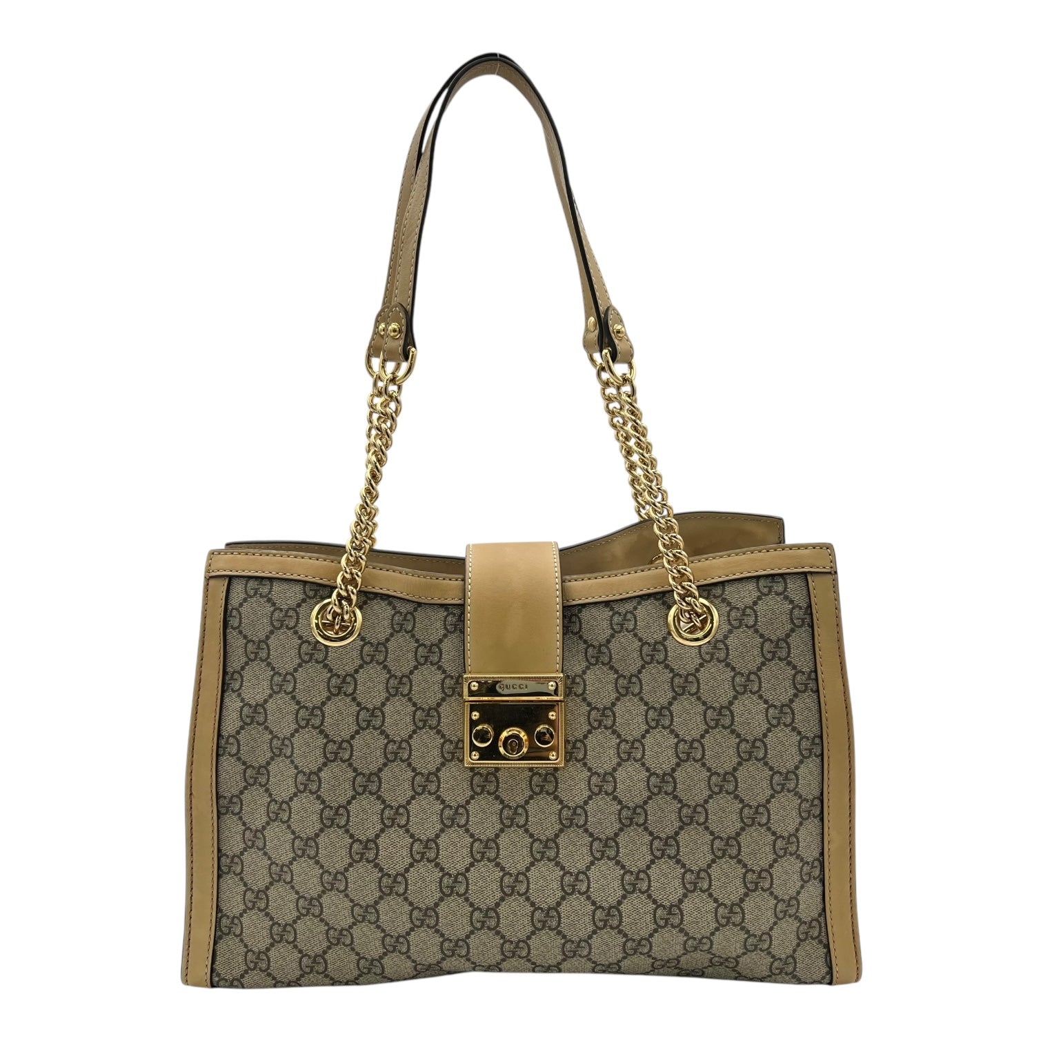 Padlock Tote Bag Beige in Coated Canvas, Gold hardware