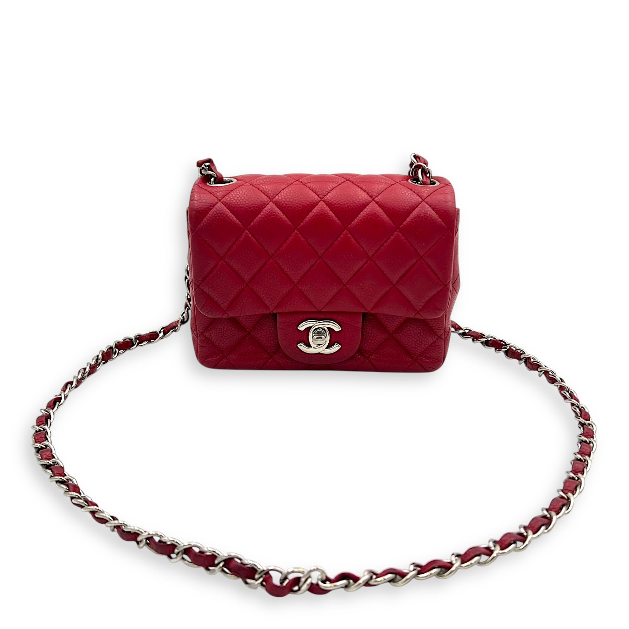 CC Mini Square Shoulder Bag Red in Caviar Leather, Silver hardware - Image 15