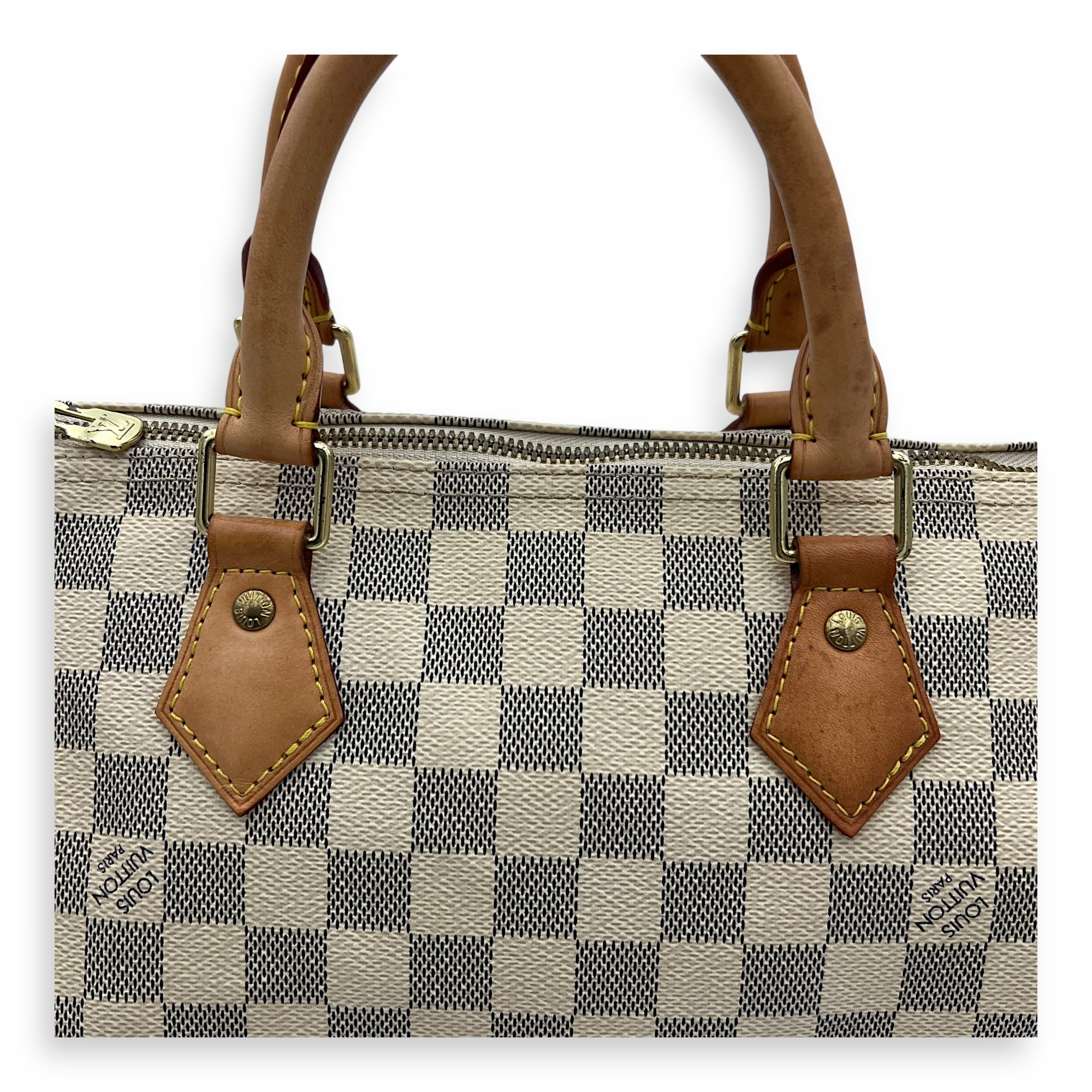 Speedy Bandouliere 30 Damier Azur Top Handle Bag in Coated Canvas, Gold hardware - Image 10