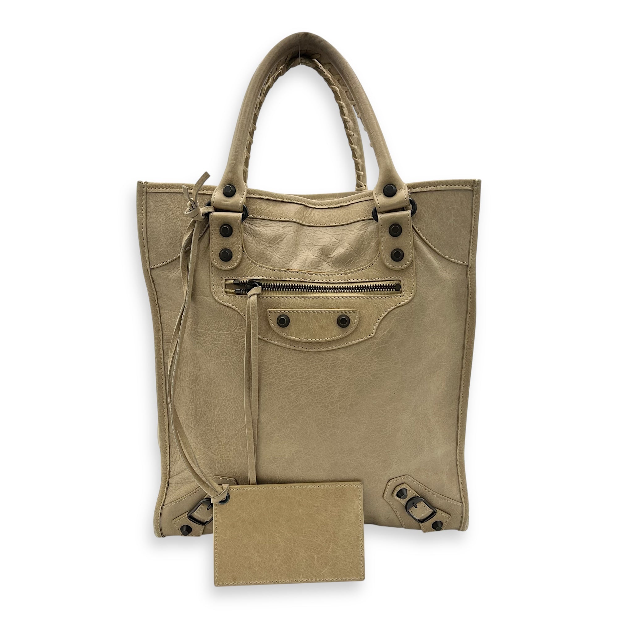 City Shopper Beige Tote Bag in Distressed Leather, Gunmetal hardware - Image 21