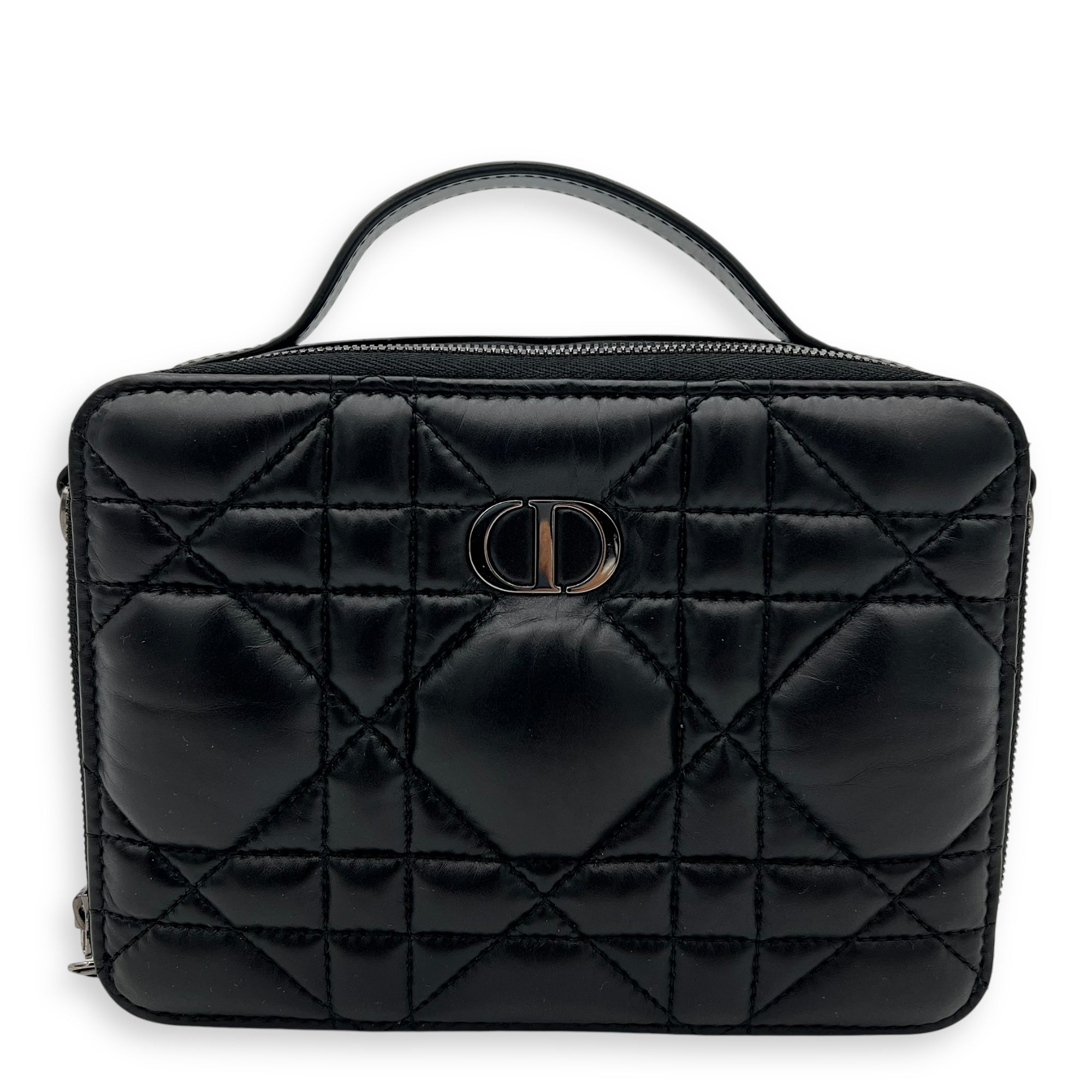 Caro Shoulder Bag Box Black in Calfskin, Gunmetal hardware