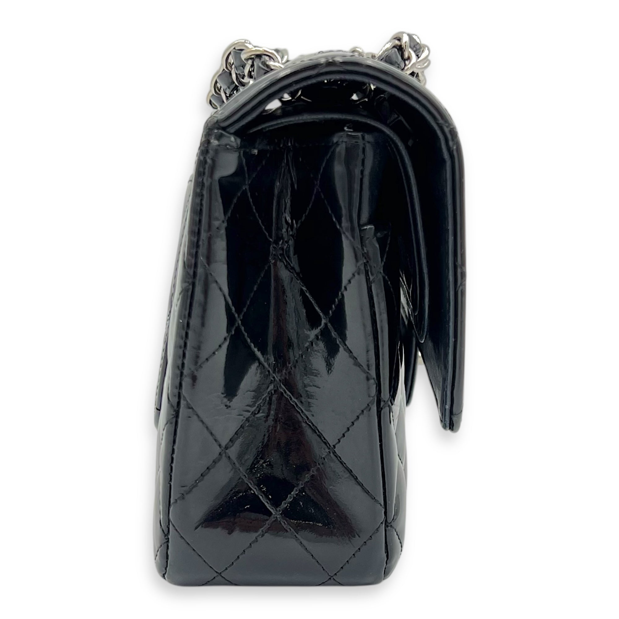 Classic Medium Black Shoulder Bag in Patent Leather, Silver hardware - Image 4