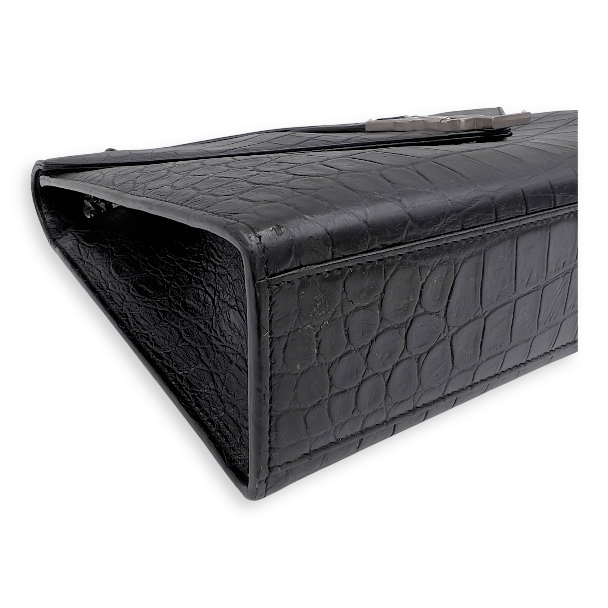 Envelope Shoulder Bag Black in Crocodile Embossed Calfskin, Silver hardware - Image 8