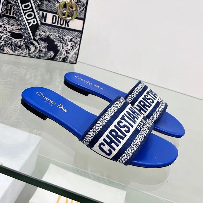 Affordable 3140 Christian Dior Dway Slides Women Canvas Bright Blue - Image 3