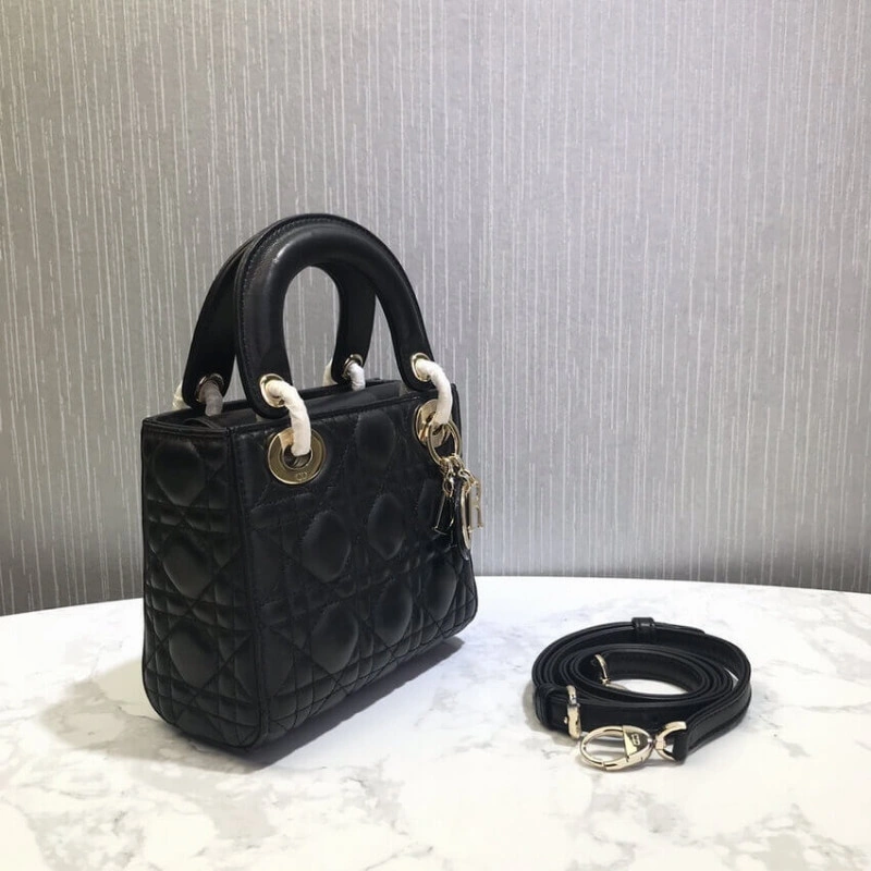 Removable Christian Dior Mini Lady Dior Bag Black Cannage Lambskin - Image 4
