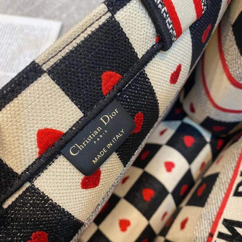 Black, Wh Christian Dior Small Dioramour Book Tote D-Chess Heart Embroidery - Image 13