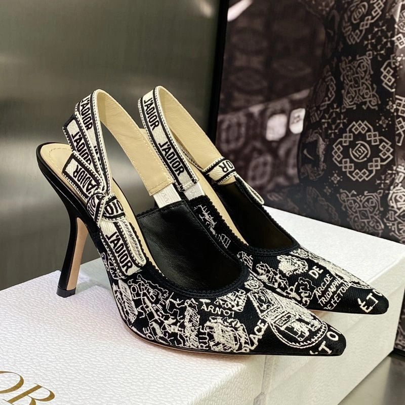 J'Adior Slingback Pumps Women Plan de Paris Motif Canvas Black Popular 9598 - Image 3