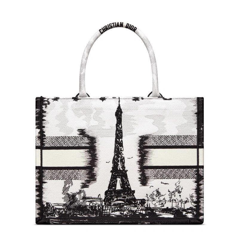 Popular 9411 Dior Book Tote In Paris Eiffel Tower Motif Canvas White - Image 3
