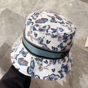 Christian Dior Bucket Hat Toile de Jouy Mexico Motif Cotton White Blue