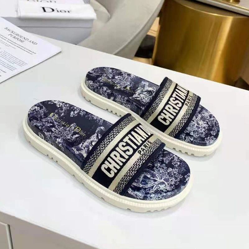 Christian Dior Dway Slides Women Toile De Jouy Motif Cotton Blue - Image 3