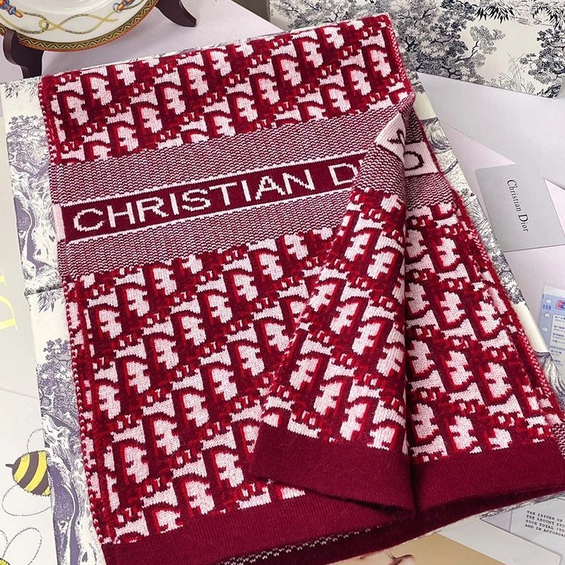 Dior Scarf Oblique Motif Technical Cashmere Burgundy - Image 3