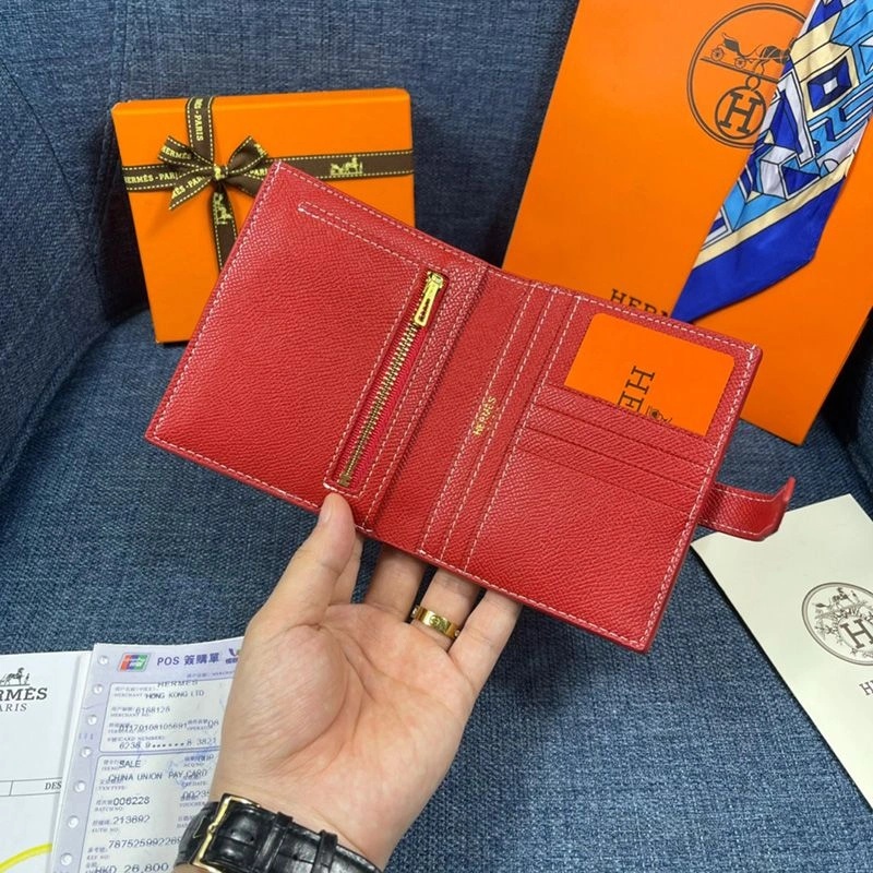 Hermes Bearn Compact Wallet Epsom Leather Gold Hardware In Red - Image 3