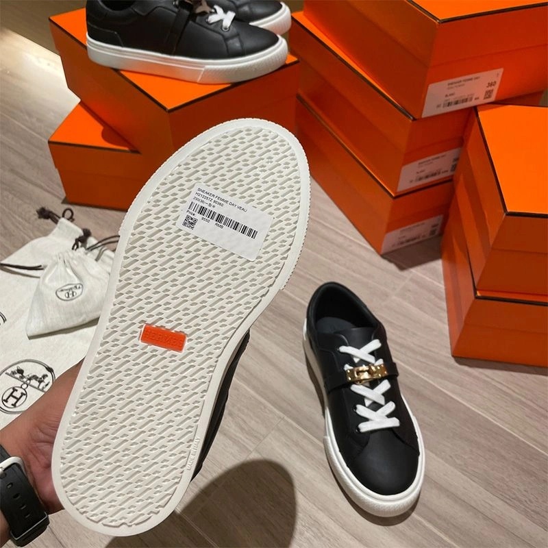 Hermes Day Sneakers Unisex Calfskin In Black Gold - Image 4