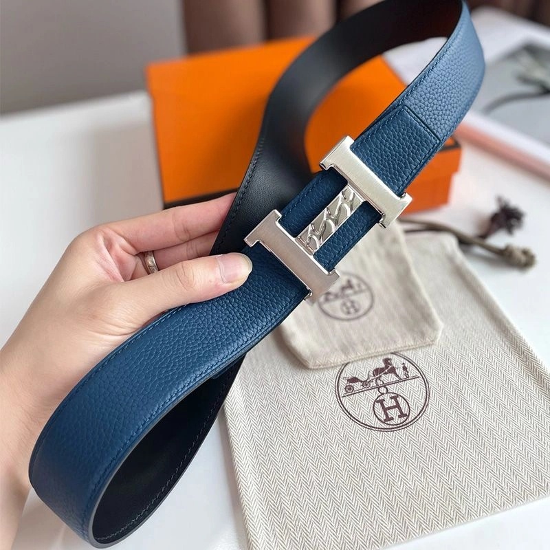 Hermes H Gourmette 38 Reversible Belt Leather In Black Blue - Image 3