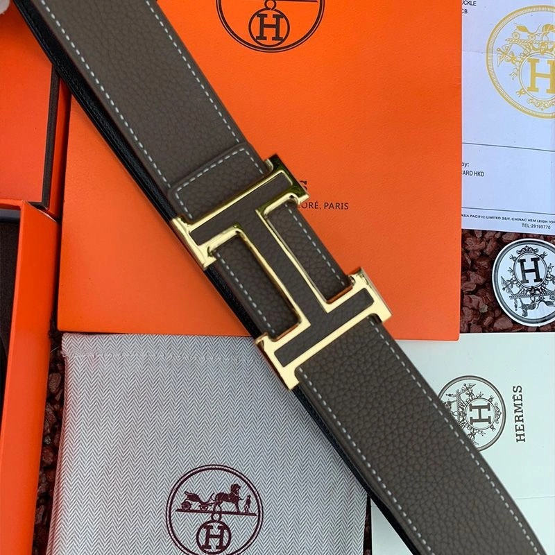 Hermes H Leather Buckle 38MM Reversible Belt Togo Leather In Grey Gold - Image 3