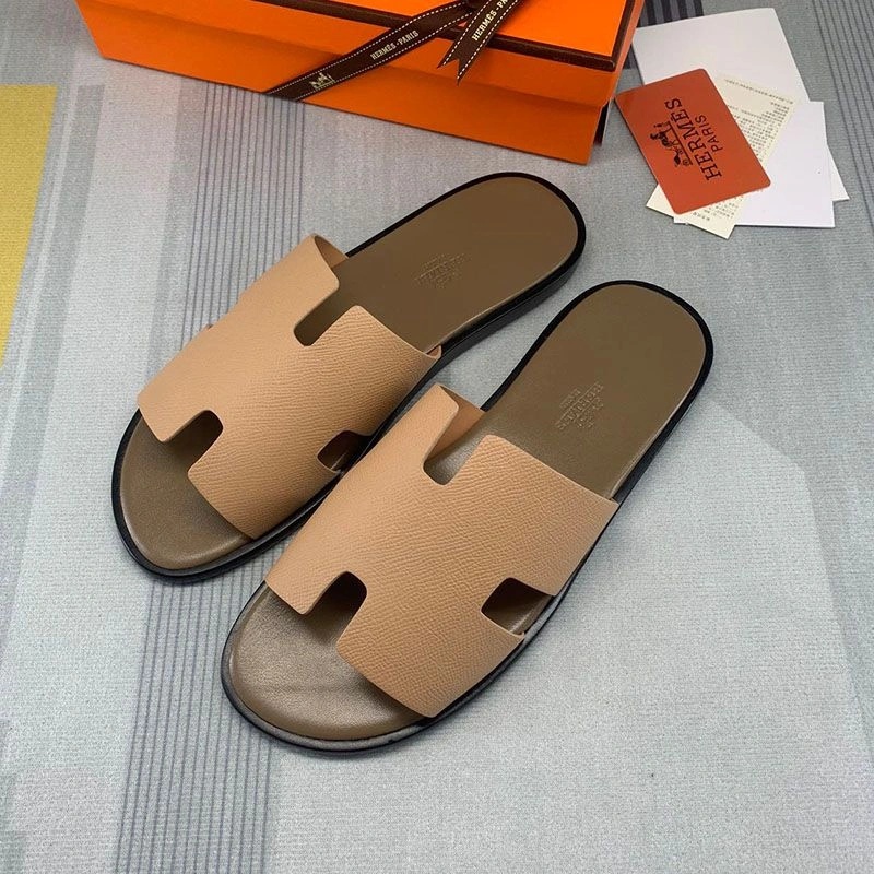 Hermes Izmir Slides Men Calfskin In Khaki Coffee - Image 3