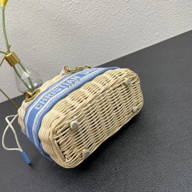 Small Lady Dior Bag Wicker and Oblique Motif Canvas Light Blue - Image 3