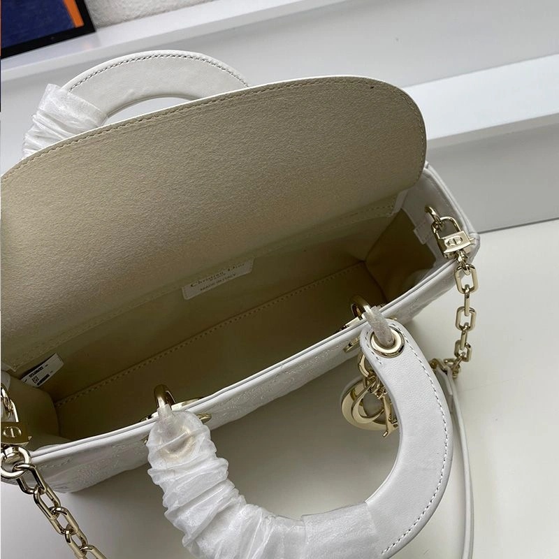 Medium Lady D-Joy Bag Ornamental Motif Quilted-Effect Lambskin White - Image 5