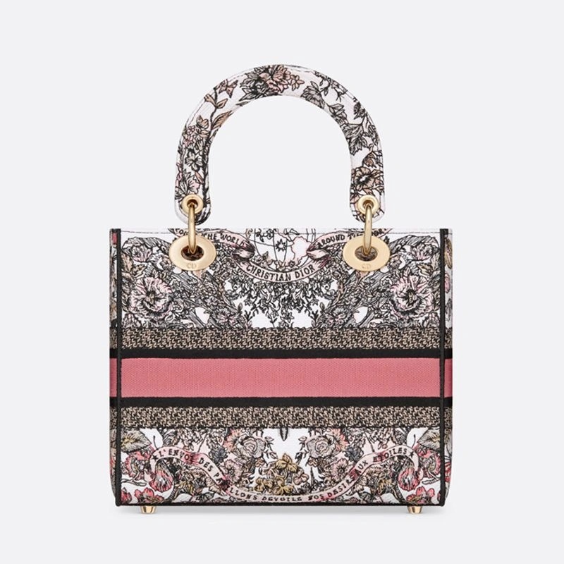 Medium Lady D-lite Bag Butterfly Around The World Motif Canvas White Pink - Image 3