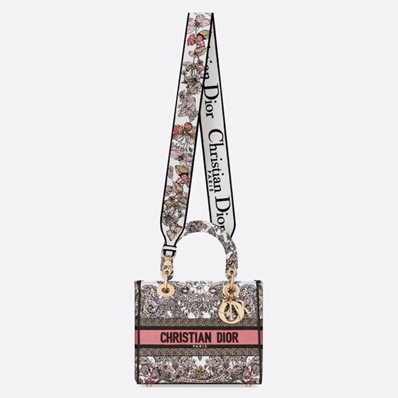 Medium Lady D-lite Bag Butterfly Around The World Motif Canvas White Pink - Image 5