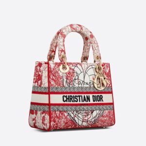 Medium Lady D-lite Bag Dioramour D-Royaume d'Amour Motif Canvas Red White