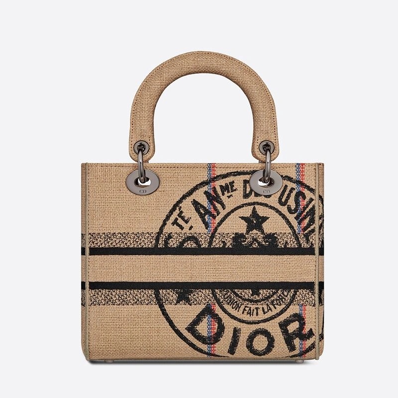 Medium Lady D-lite Bag Jute Motif Canvas Beige - Image 3