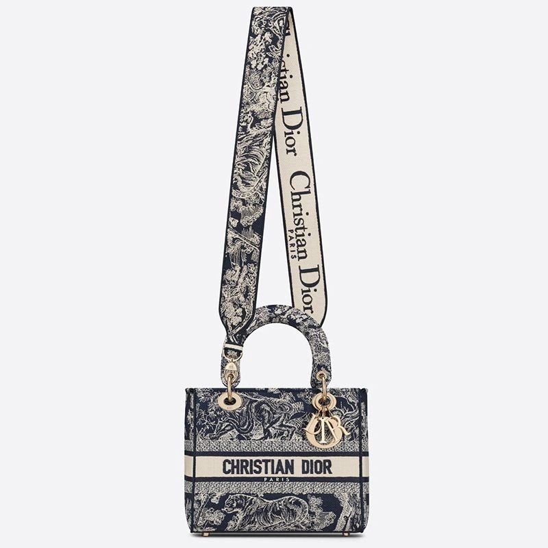 Medium Lady D-lite Bag Toile de Jouy Motif Canvas Navy Blue - Image 5